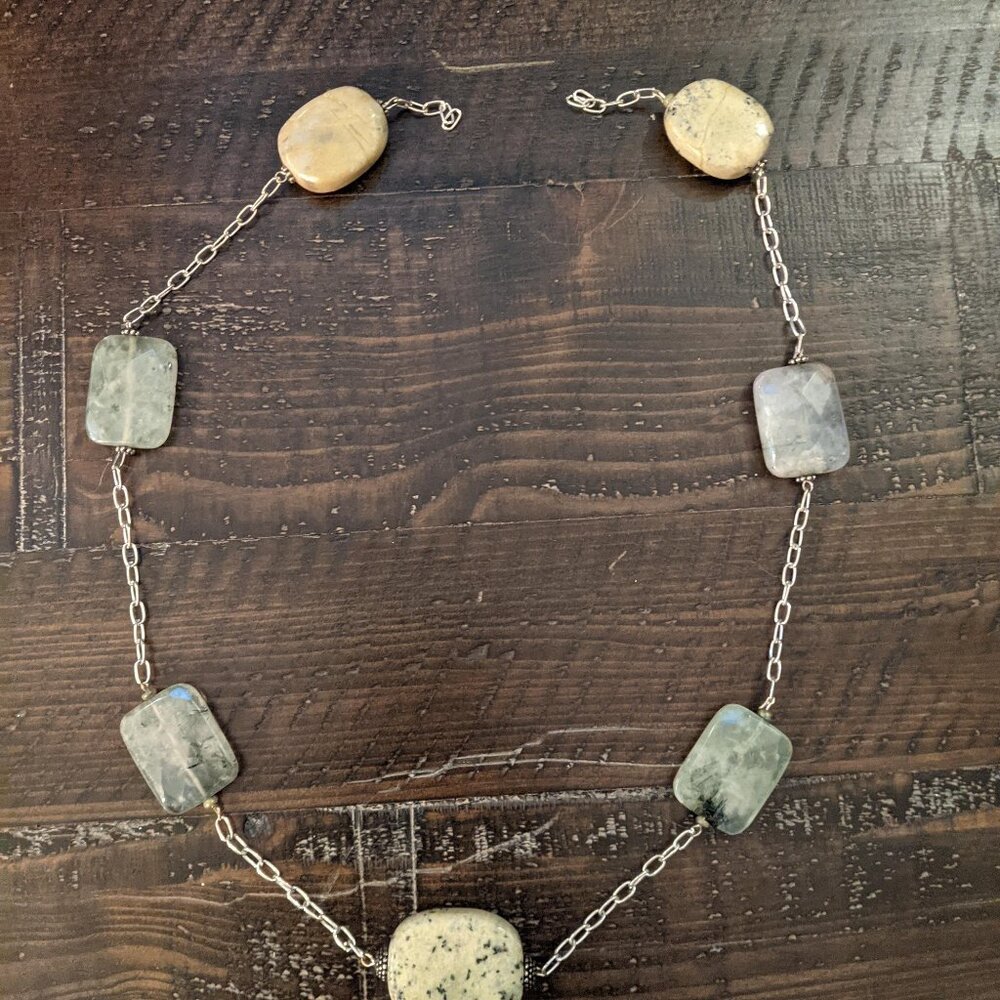 Vintage Natural Stone Necklace Green Beige Chunky Boho - No Clasp - For Repair